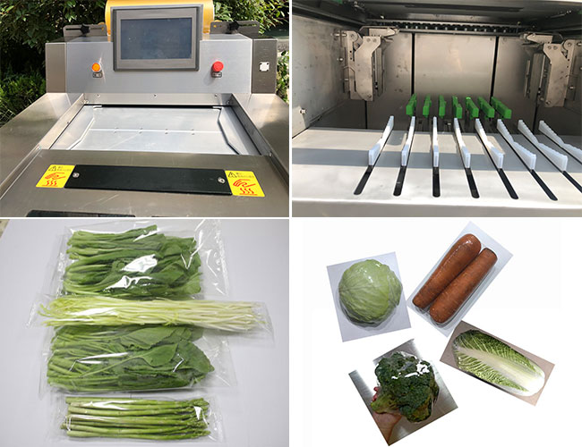 全自動蔬菜保鮮膜包裝機(jī)細(xì)節(jié)及樣品展示